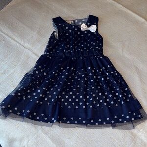 HEALTHTEX Navy Blue Polka Dot Sheer Outer Dress with White Bow Size 5T